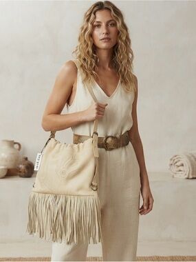 HYPE Cream Leather Bag with Intricate Perforated Detailing and Long Fringe NWT